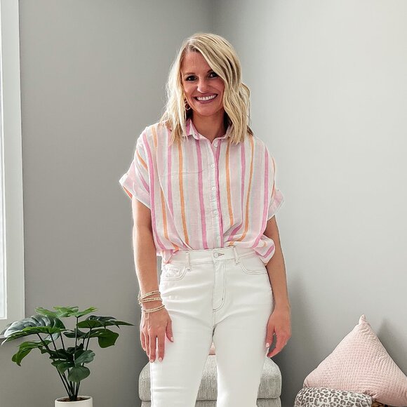 Pink and Orange Striped Gauze Button Down - Picture 1 of 1